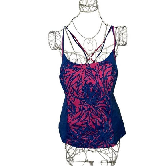 Women's LANDS END Tankini Top Strappy racerback Blue Pink Padded Bikini Top Tank - Picture 1 of 4